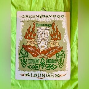 White “Green Bamboo Lounge” Tiki Guy w/ Flames Palms Flowers Metal Wall Art Sign